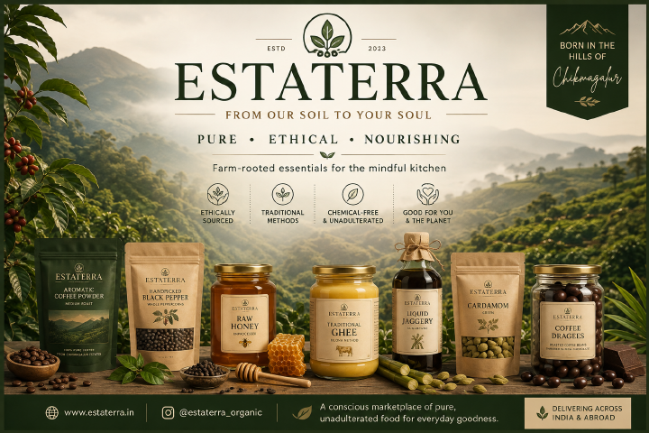 Estaterra Organic brand banner featuring its products, natural ingredients and Chikmagalur hills